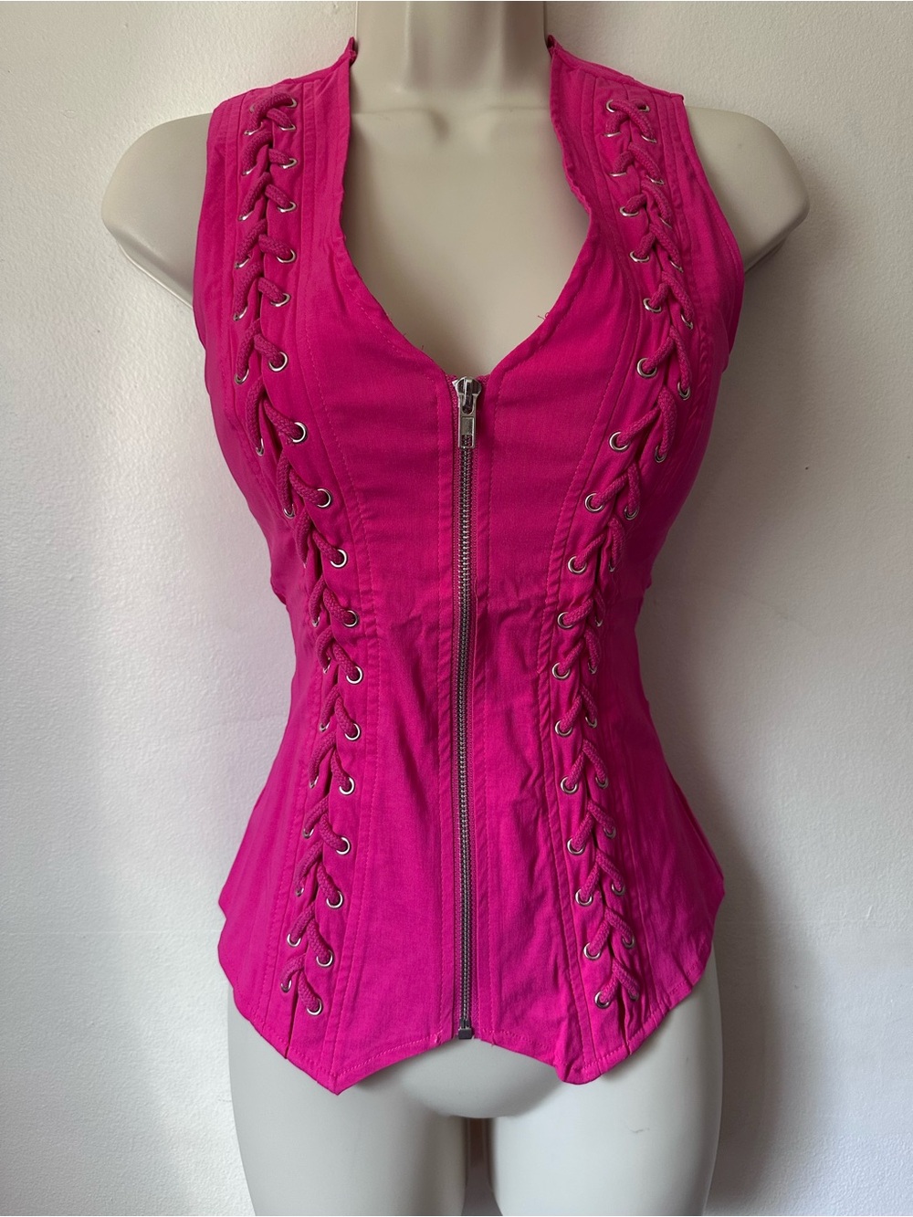 Hot Pink Lace-Up Zippered Women's Top